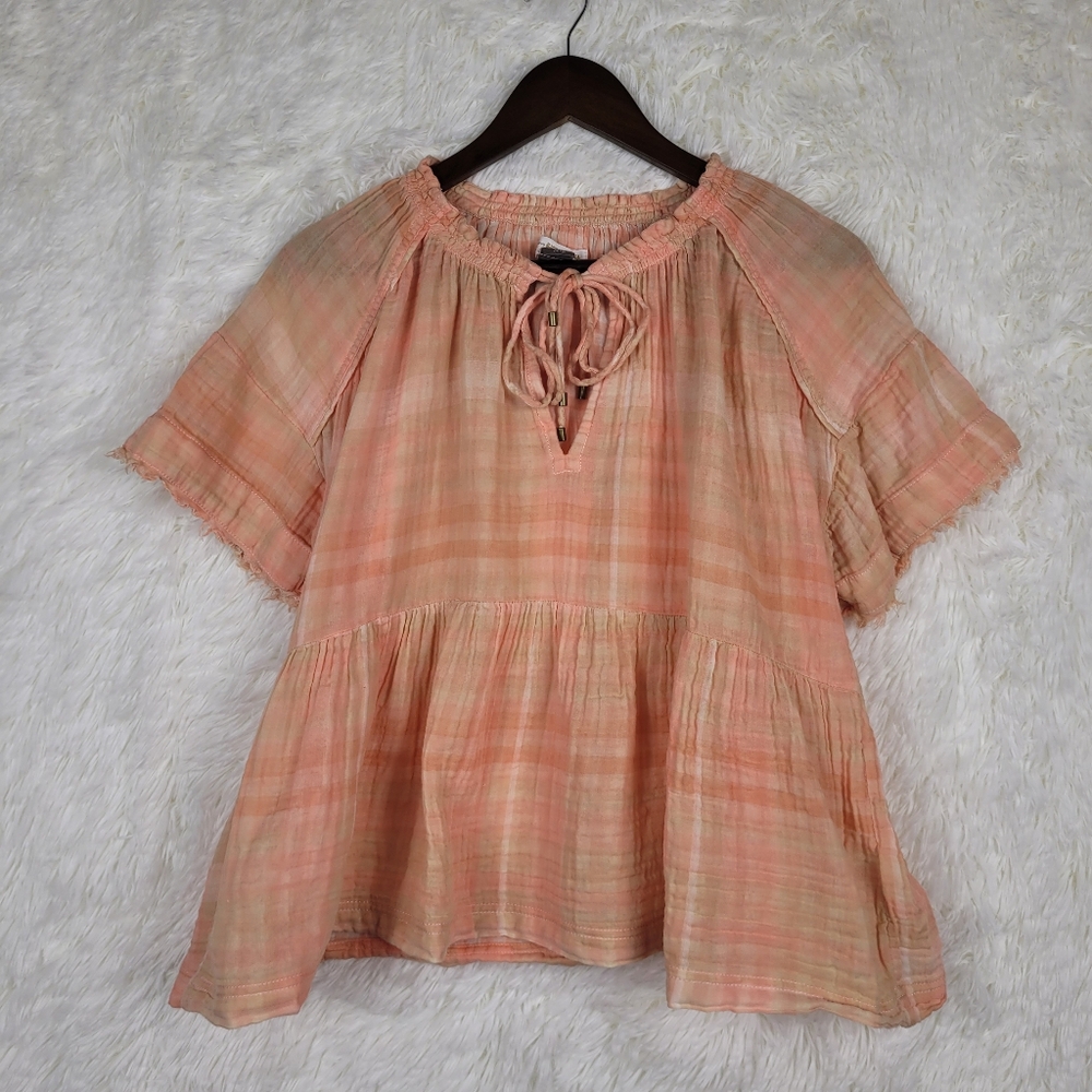Pilcro Anthropologie Peach Plaid Gauze Babydoll Blouse Top Small‎ OB1130973